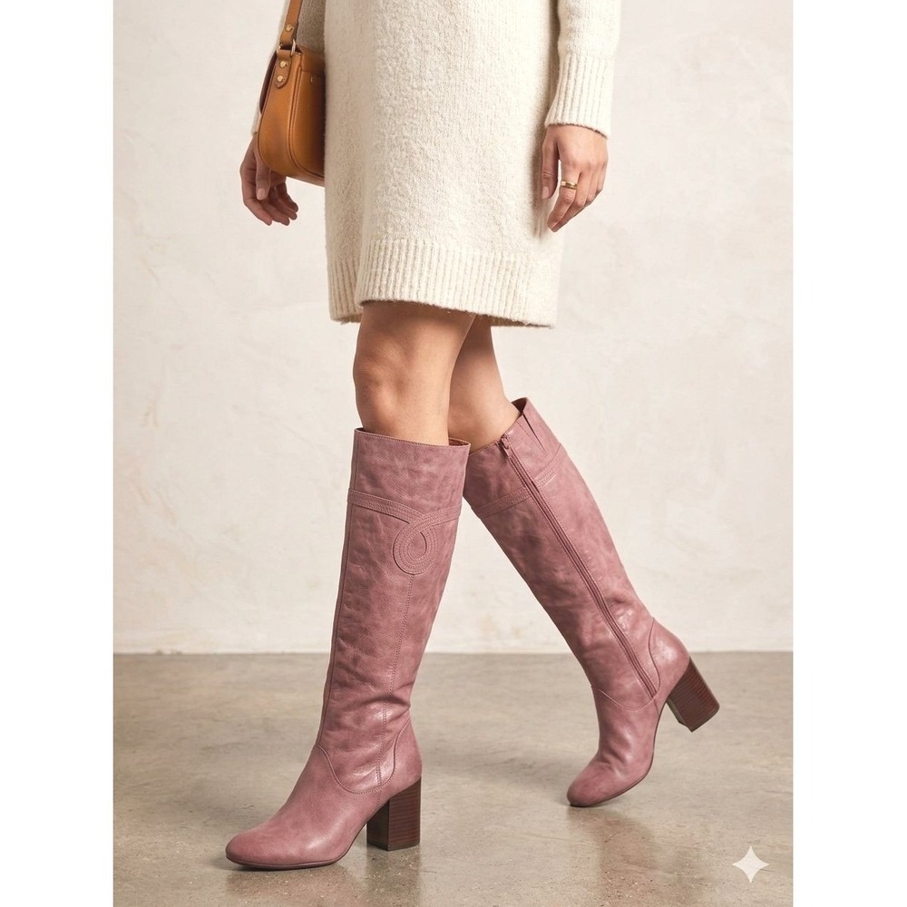 Poetic License Sultry Splash Pink Leather Knee High Block Heel Boots Size 8M